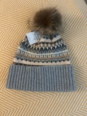 Kids Grey Fair Isle Pom Pom Beanie
